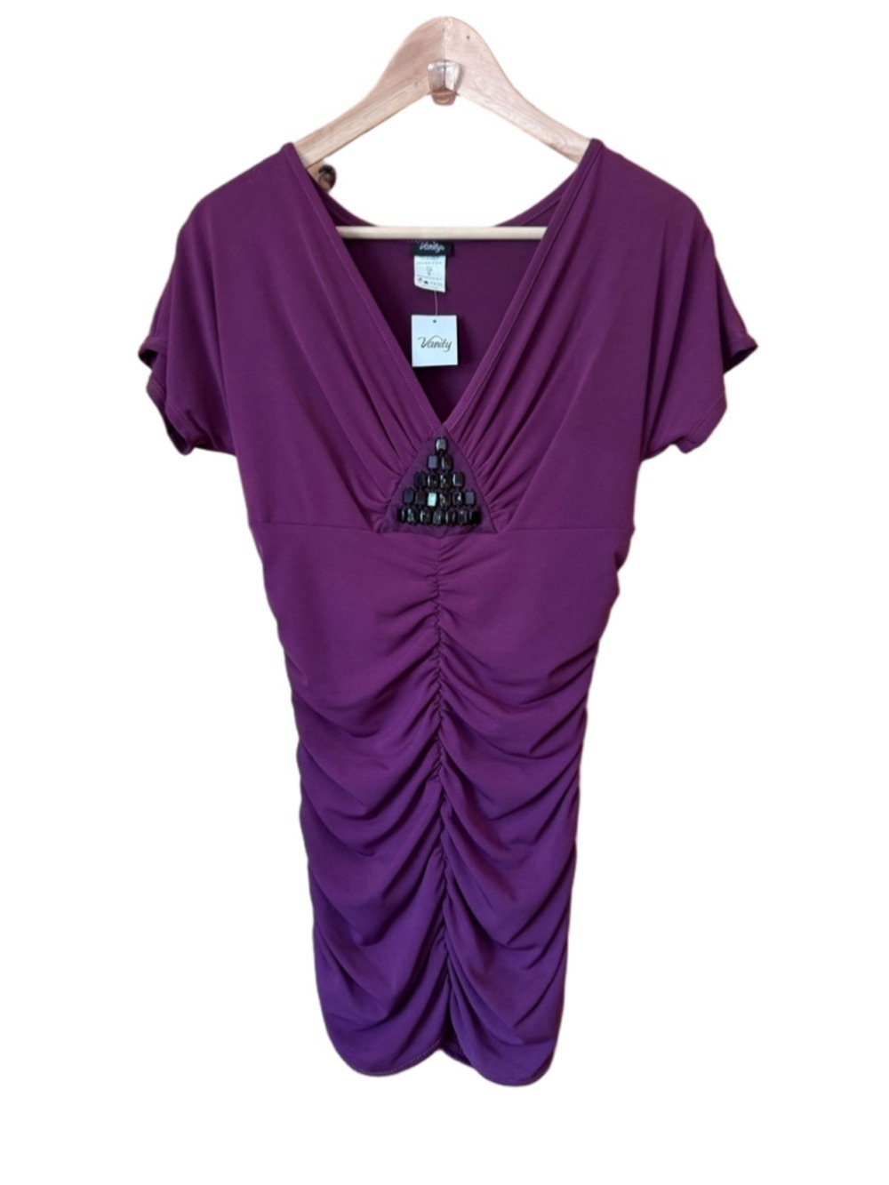 Vanity Plum V-Neck Ruched Blouse with Beaded Detail size medium